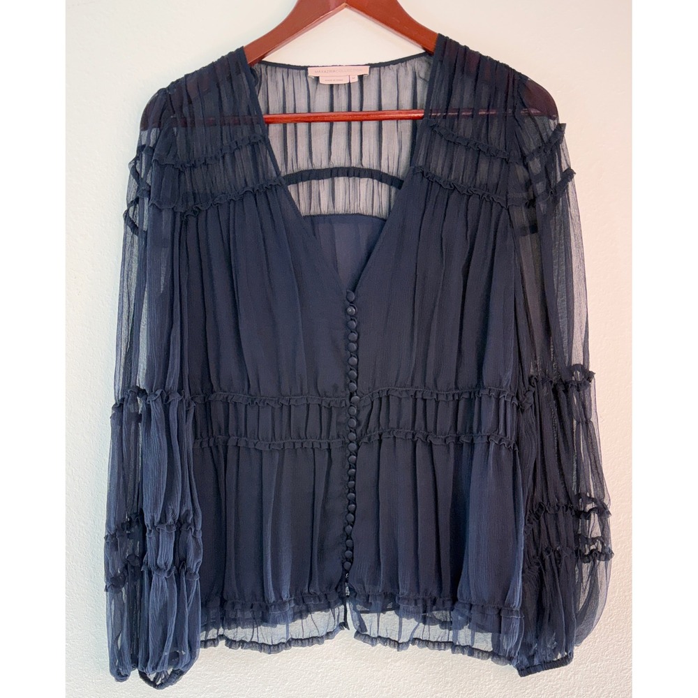Max Azria Collection 100% Silk Blouse Navy Blue Sheer Ruffle Tiered Femme Med